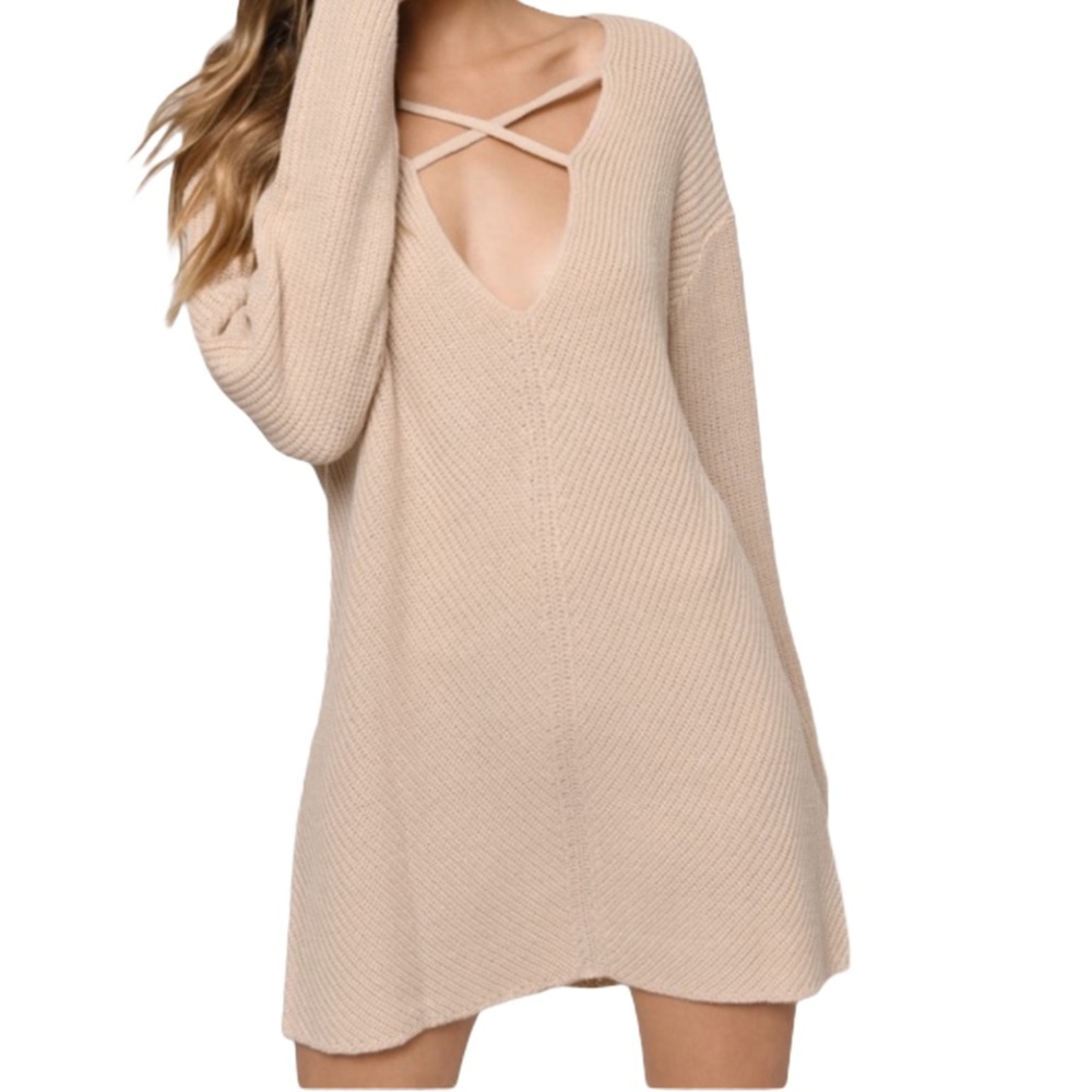 TOBI Don’t Let Me Down Oatmeal Knit Sweater Dress Open Criss Cross Medium M - Picture 1 of 8